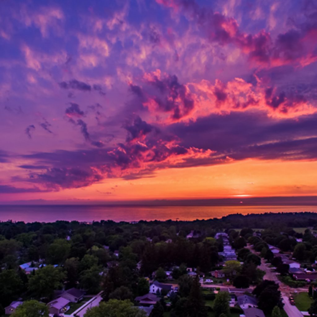Aerial photo of Lake Huron Sunset over Port Elgin Ontario